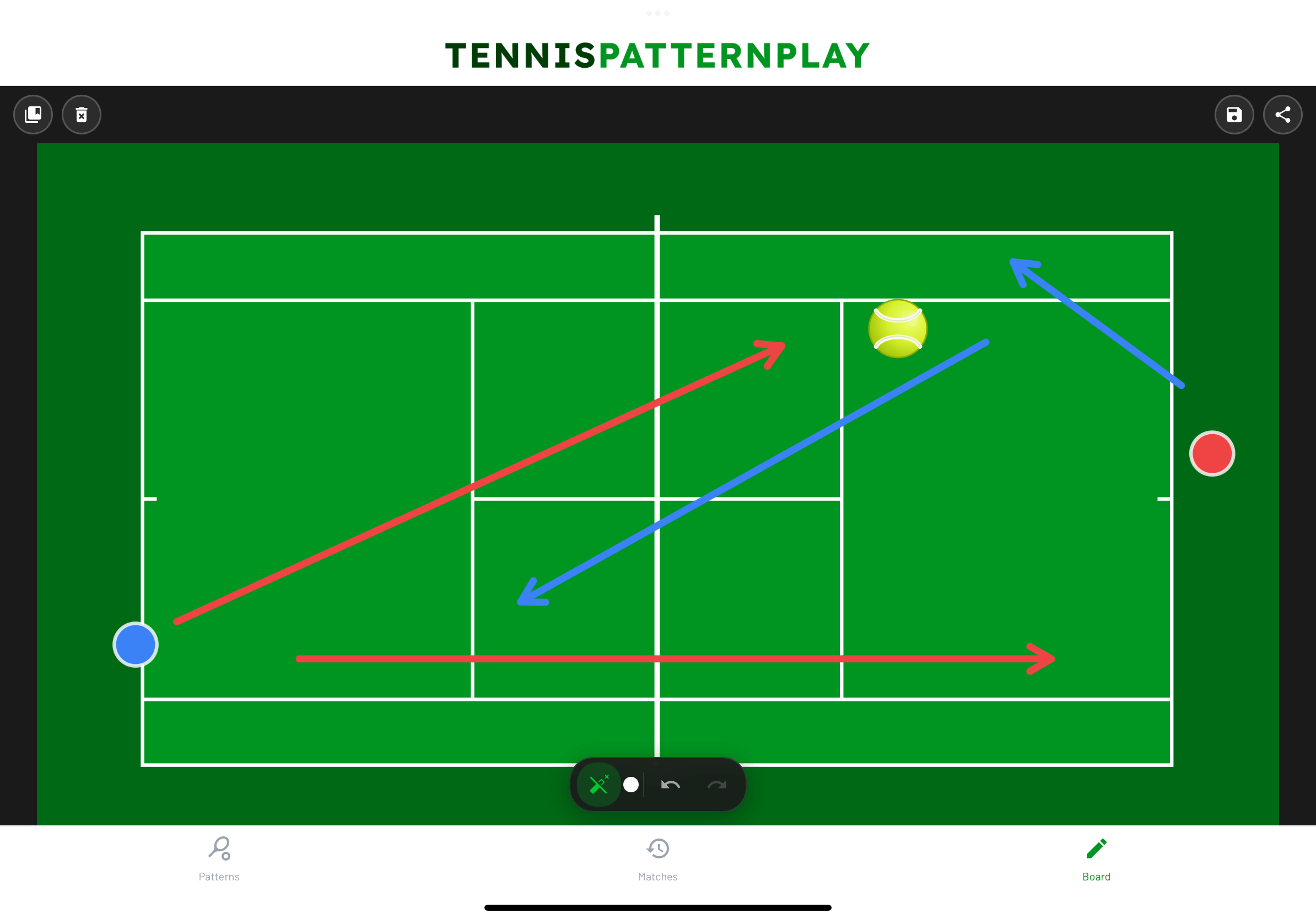 Tennis Tactic Board on iPad showing drawing tools for creating tennis strategy diagrams